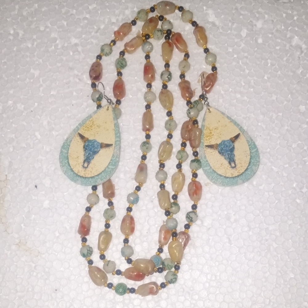 Bohemian Beaded Necklace with Bull Skull Pendants